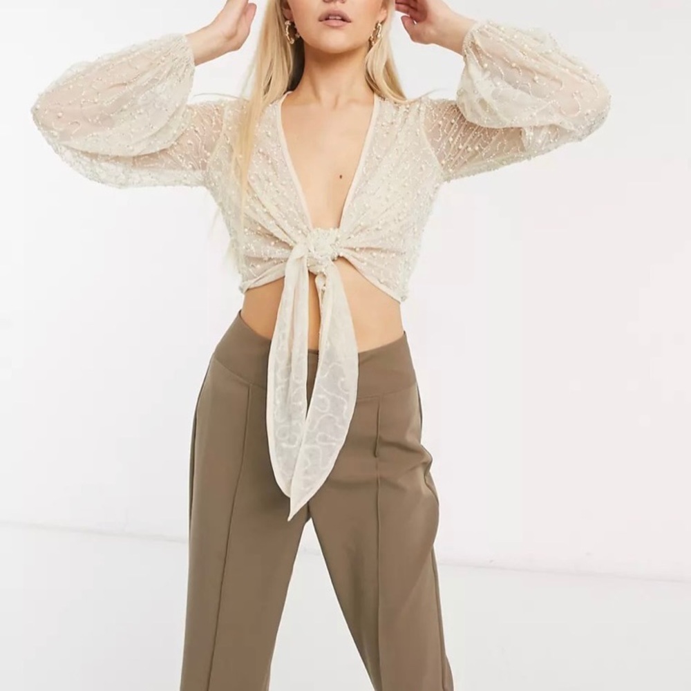ASOS Cream Sheer Tie-Front Blouse
